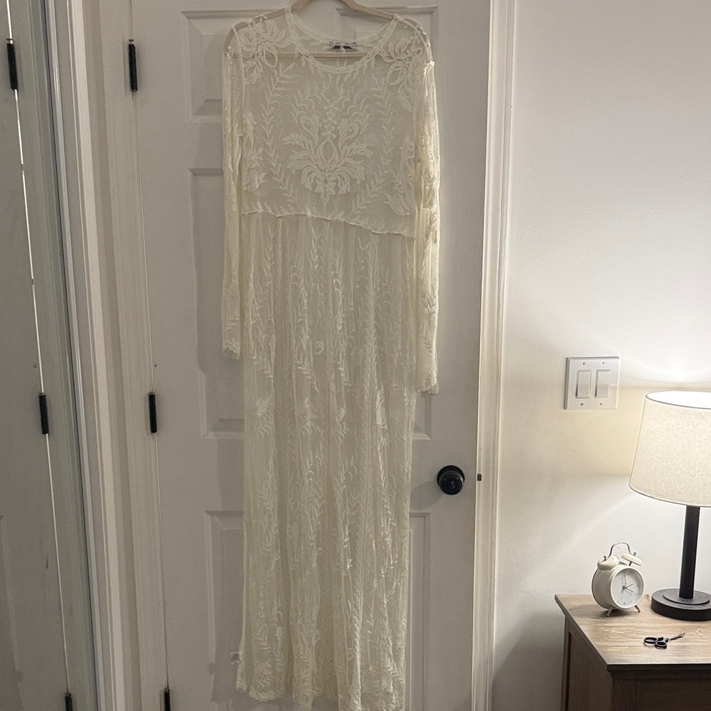 SHEIN Cream Lace Swim Coverup Longsleeve, Floor Length